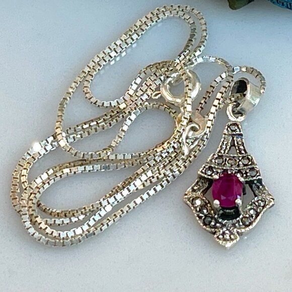 Vtg. Solid 925 Marcasite Pendant w Natural Ruby on a Solid Sterling Box Chain - Picture 2 of 16